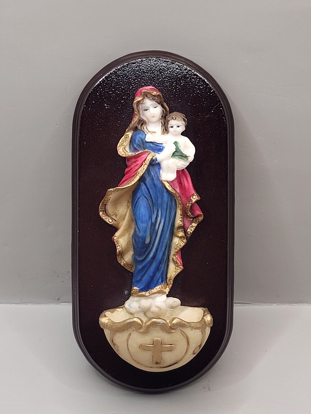 Vintage Virgin Mary Madonna Child Holy Water Font Wall Plaque Cross Basin 6.5"